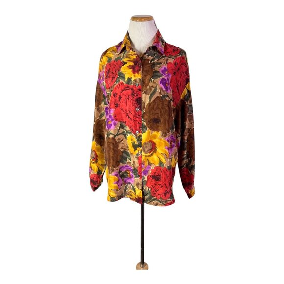 Vintage Copper Key Size M Silk Floral Print Shirt Button-Up - Picture 1 of 11